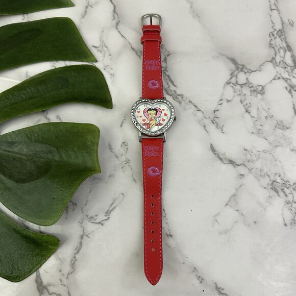 Betty Boop Vintage Y2k Womens Wrist Watch Red Heart Face Rhinestones Kiss - Picture 1 of 4